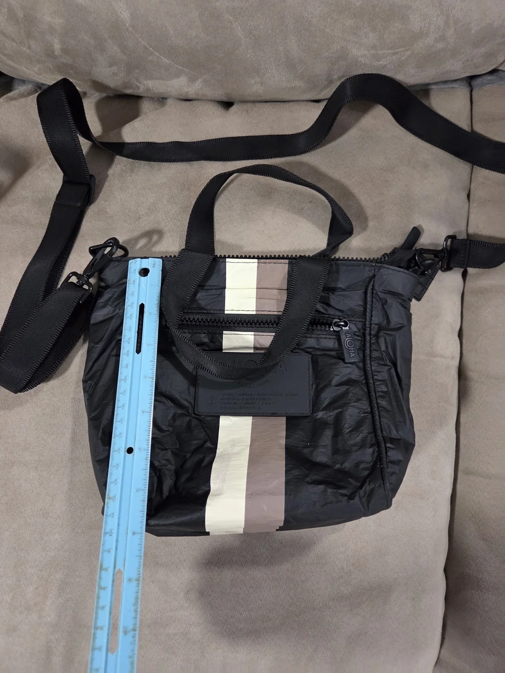 Aloha Collextion Black Crossbody Tote with Cream and Taupe Stripes